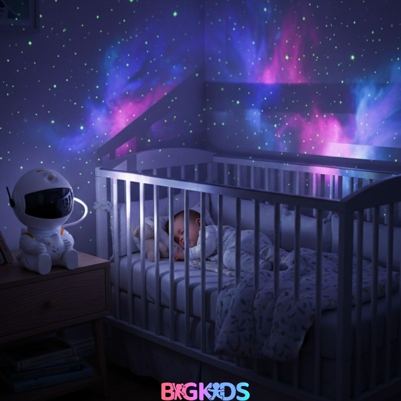 Projetor Astronauta Noturno Luar Cósmico da Bigkids, luzes de led que auxilia no sono do bebe e ambiente decorativo