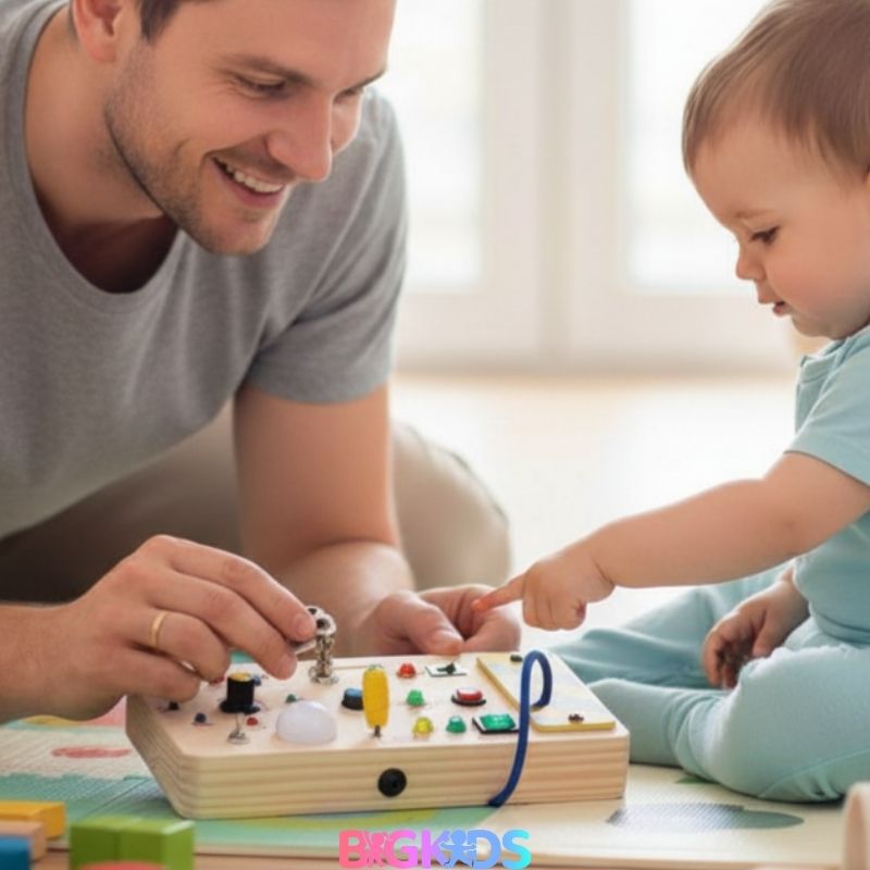  Montessori Led Ocupado de Madeira da BigKids para crianças foi criado especialmente para estimular habilidades reais, manter a criança ocupada de forma saudável e segura, e desenvolver funções motoras enquanto brinca de forma inclusiva.