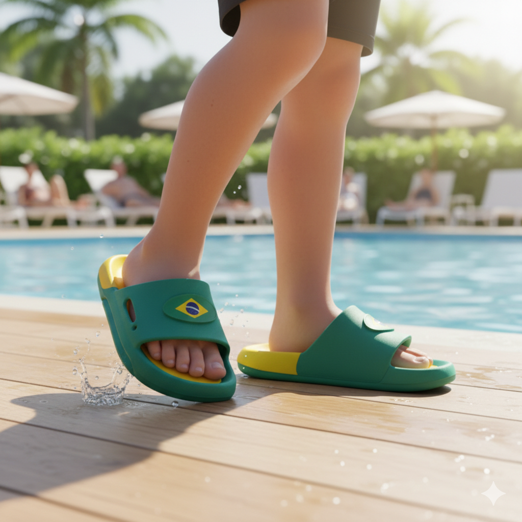 Sua Criança com estilo para torcer e acompanhar cada jogo com você!!! Conforto Sem Igual! Desfrute do Chinelo Nuvem Super Conforto Brasil + Pulseira BigKids, macio, antiderrapante e unissex, ideal para as crianças que amam o que há de mais moderno e atualizado no mundo do futebol .Para Todas as Horas! Ideal para passeios urbano, viagens, parques e playgrounds, clubes, praias, dia a dia em cas